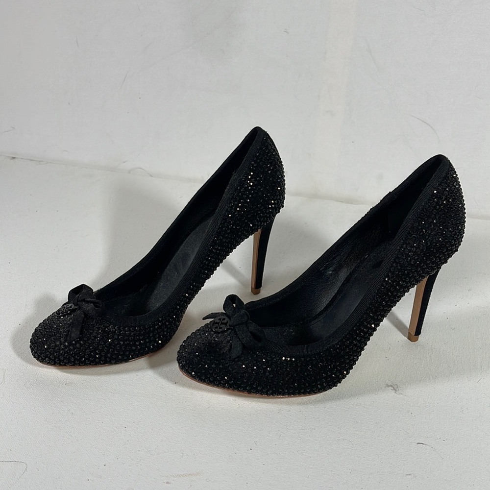 Black sequin Tory Burch heels with bow detail